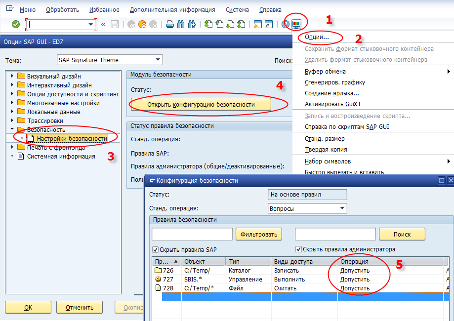 Окно правил безопасности в SAP GUI